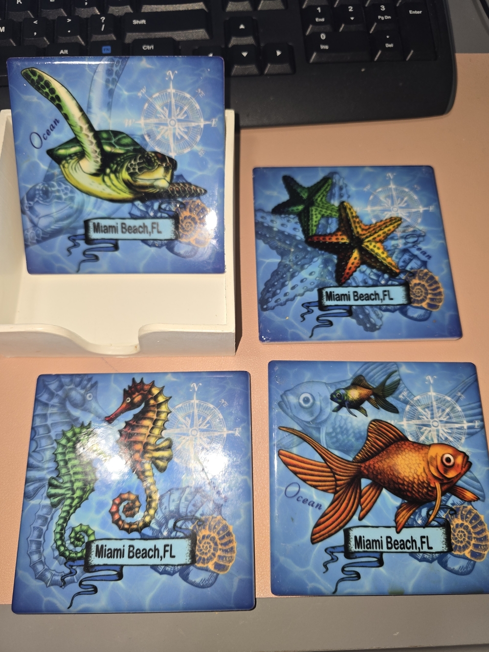 Miami Beach, FL Ocean Creature Ceramic Coaster Set of Four, Never Used, 4" x 4"